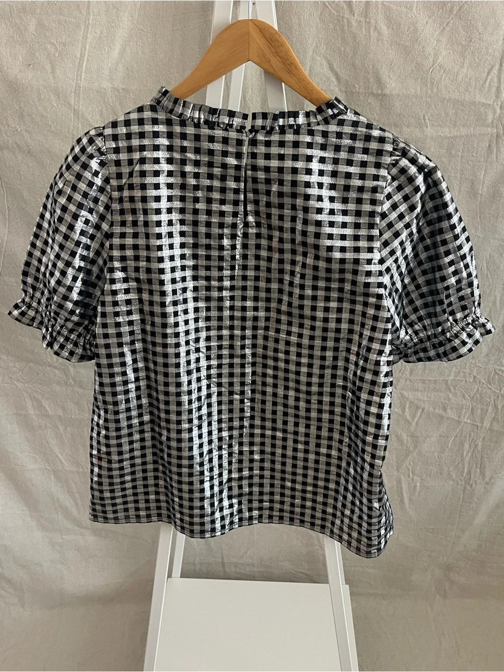 J.Crew Factory Shiny Gingham Puff Sleeve Top Black Silver Lurex M